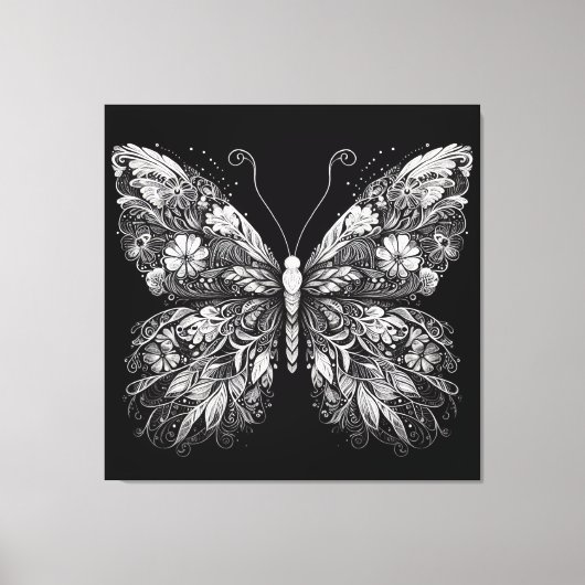 Floral Patterned Butterfly in White Ink Design キャンバスプリント (正面)
