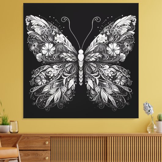 Floral Patterned Butterfly in White Ink Design キャンバスプリント (インサイチュ (リビング))