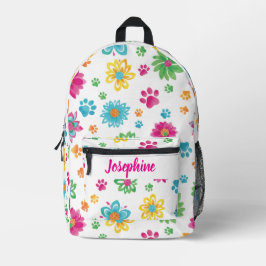 Floral Paw Print Backpack with Custom Name プリントバックパック