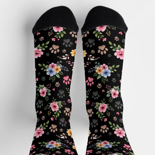 Floral & Paw Print Pattern Socks – Cute Pastel Pet ソックス (上部)