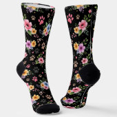 Floral & Paw Print Pattern Socks – Cute Pastel Pet ソックス (傾斜あり)