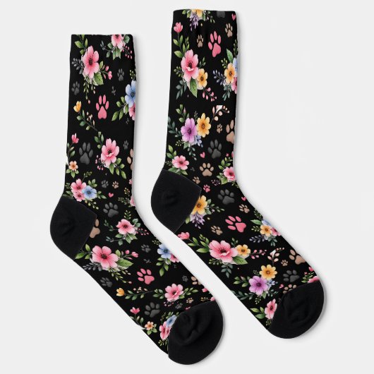 Floral & Paw Print Pattern Socks – Cute Pastel Pet ソックス (右)
