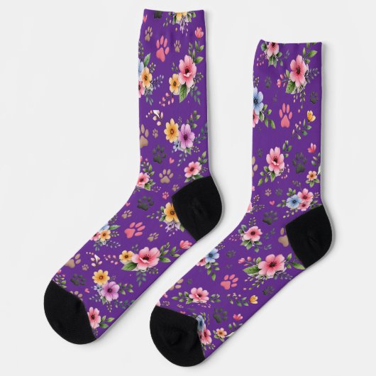 Floral & Paw Print Pattern Socks – Cute Pastel Pet ソックス (左)