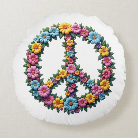 Floral Peace Symbol Round Pillow ラウンドクッション (正面)