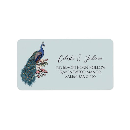 Floral Peacock Blue Return Address ラベル (正面)