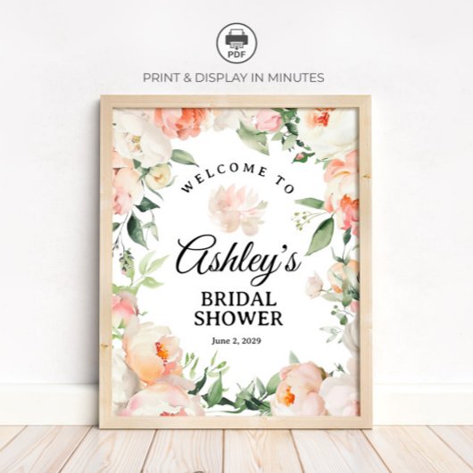 Floral Peony Bridal Shower Welcome Sign ポスター