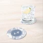 Floral Periwinkle Blue Monogram Wedding ラウンドペーパーコースター (インサイチュ)