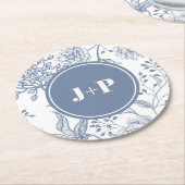 Floral Periwinkle Blue Monogram Wedding ラウンドペーパーコースター (アングル)