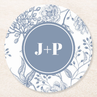 Floral Periwinkle Blue Monogram Wedding ラウンドペーパーコースター
