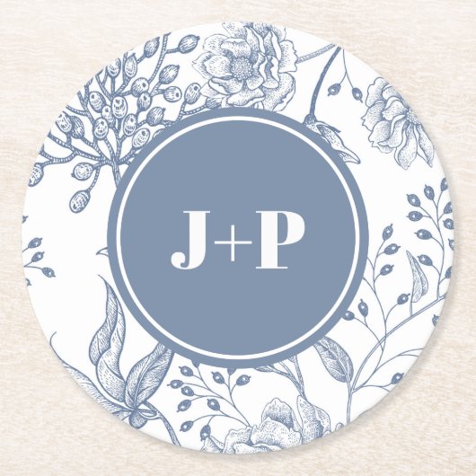 Floral Periwinkle Blue Monogram Wedding ラウンドペーパーコースター (正面)