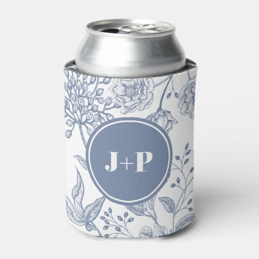 Floral Periwinkle Blue Monogram Wedding 缶クーラー (缶正面)