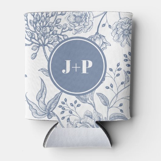 Floral Periwinkle Blue Monogram Wedding 缶クーラー (正面)