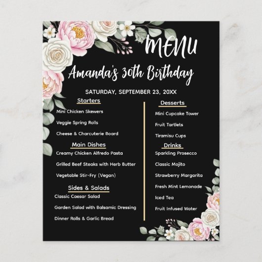 Floral Personalized Birthday Menu Program Card チラシ (正面)