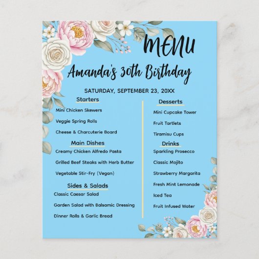 Floral Personalized Birthday Menu Program Card チラシ (正面)