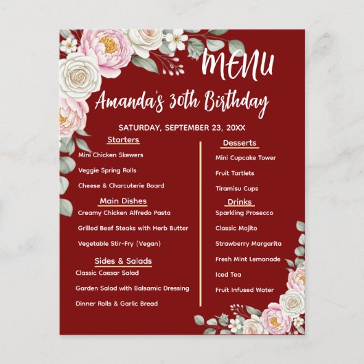 Floral Personalized Birthday Menu Program Card チラシ (正面)