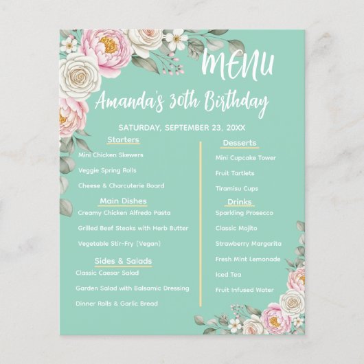 Floral Personalized Birthday Menu Program Card チラシ (正面)