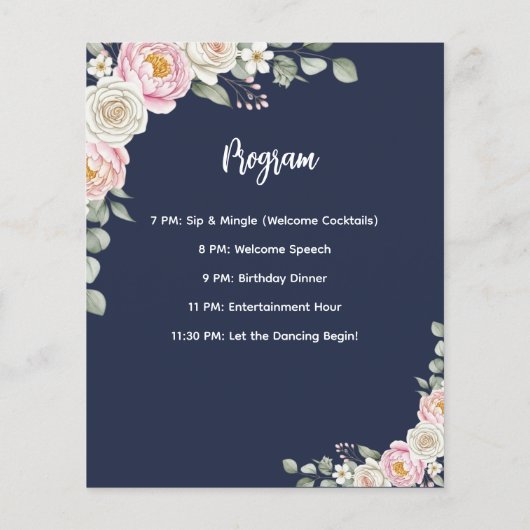 Floral Personalized Birthday Menu Program Card チラシ (裏面)