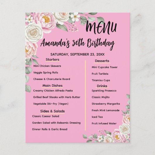 Floral Personalized Birthday Menu Program Card チラシ (正面)