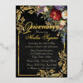 Floral, Photo & Gold Frame - Black Quinceanera 箔招待状 (正面)