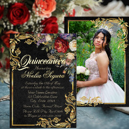 Floral, Photo & Gold Frame - Black Quinceanera  箔招待状
