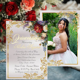 Floral, Photo & Gold Frame - Pearl Quinceanera  箔招待状