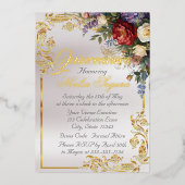 Floral, Photo & Gold Frame - Pearl Quinceanera  箔招待状 (正面)