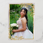 Floral, Photo & Gold Frame - Pearl Quinceanera  箔招待状 (裏面)