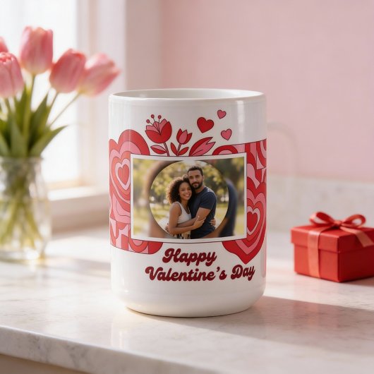 Floral Photo Mug Red Pink Happy Valentine Gift コーヒーマグカップ