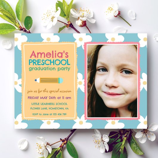  Floral Photo Preschool Graduation 招待状