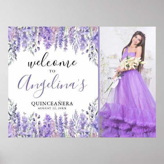 Floral Photo Purple Quinceanera Welcome Sign ポスター (正面)