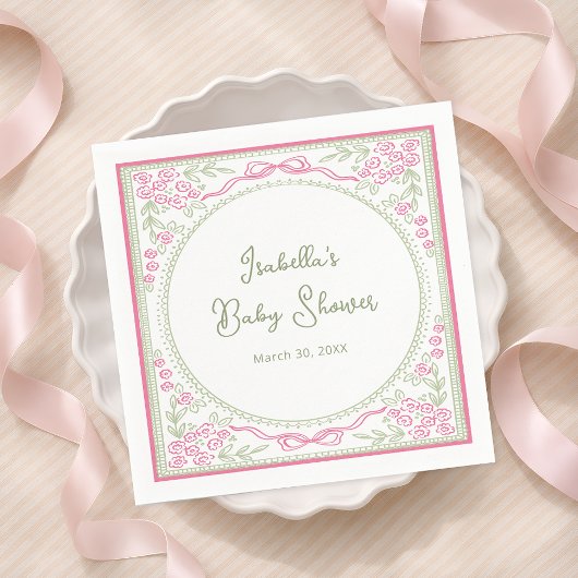 Floral Pink and Green Baby Shower Paper Napkin スタンダードカクテルナプキン