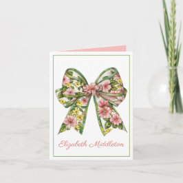Floral Pink and Green Watercolor Bow Personalized ノートカード