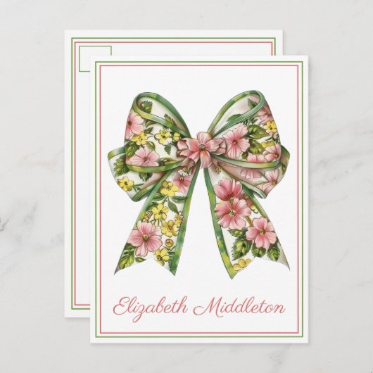 Floral Pink and Green Watercolor Bow Personalized ポストカード (正面/裏面)