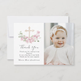 Floral Pink Baptism Cross Thank you Photo Card サンキューカード