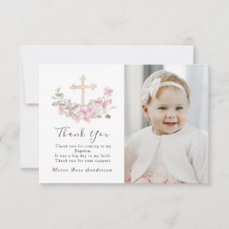 Floral Pink Baptism Cross Thank you Photo Card サンキューカード