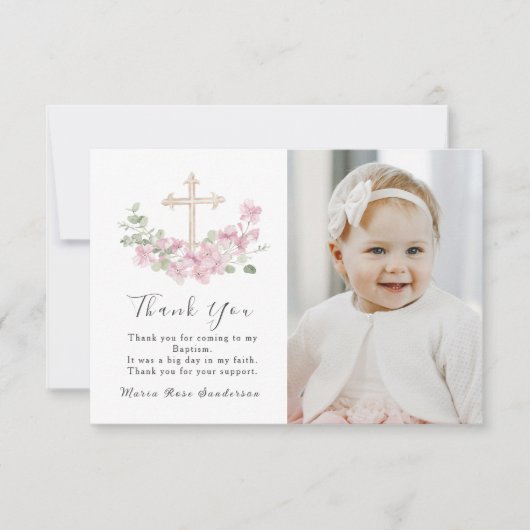 Floral Pink Baptism Cross Thank you Photo Card サンキューカード (正面)