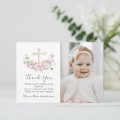 Floral Pink Baptism Cross Thank you Photo Card サンキューカード (スタンド正面)
