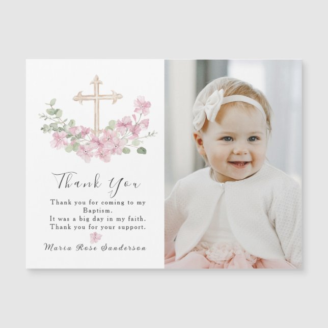 Floral Pink Baptism Cross Thank you Photo Magnet (正面)