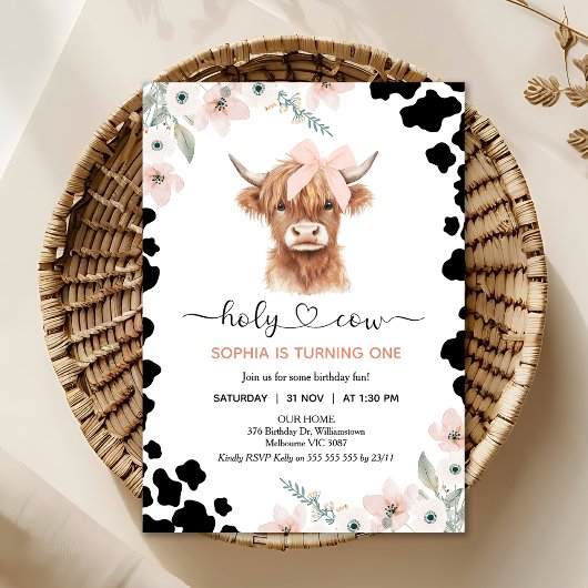 Floral Pink Black Highland Cow Holy Cow Birthday 招待状