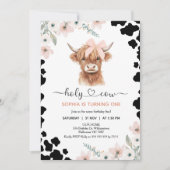 Floral Pink Black Highland Cow Holy Cow Birthday 招待状 (正面)