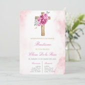 Floral Pink blush with cross baptism 招待状 (スタンド正面)