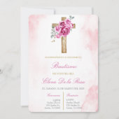 Floral Pink blush with cross baptism 招待状 (正面)