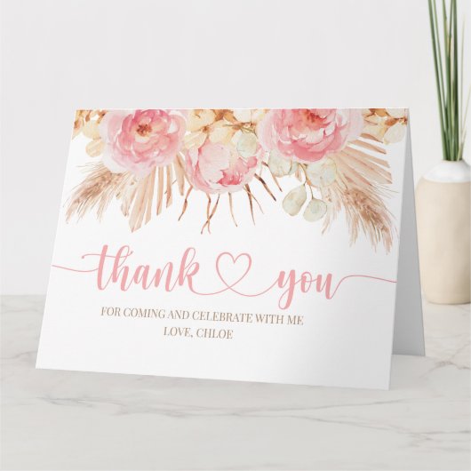 Floral pink Boho Pampas Thank you card サンキューカード (正面)