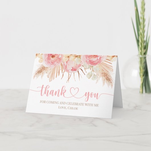 Floral pink Boho Pampas Thank you card サンキューカード (正面)