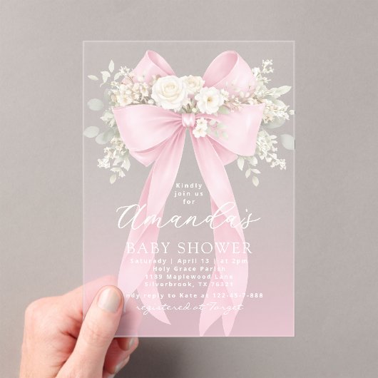 Floral Pink Bow Baby in Bloom Baby Shower アクリル招待状 (インサイチュ (ポータブル))