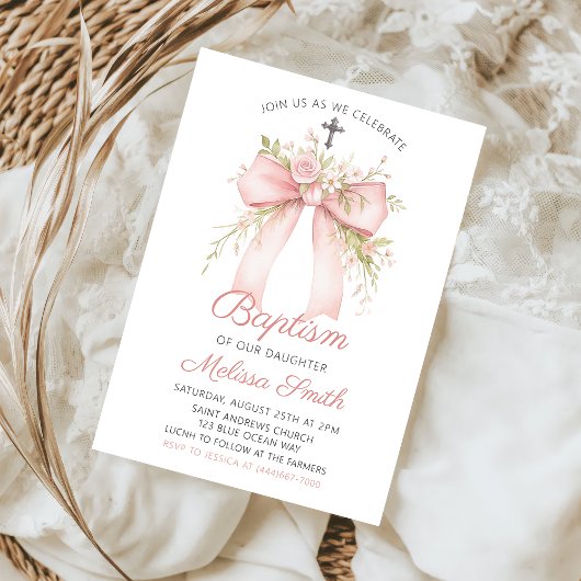Floral Pink Bow Baptism Invitation 招待状