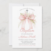 Floral Pink Bow Baptism Invitation 招待状 (正面)