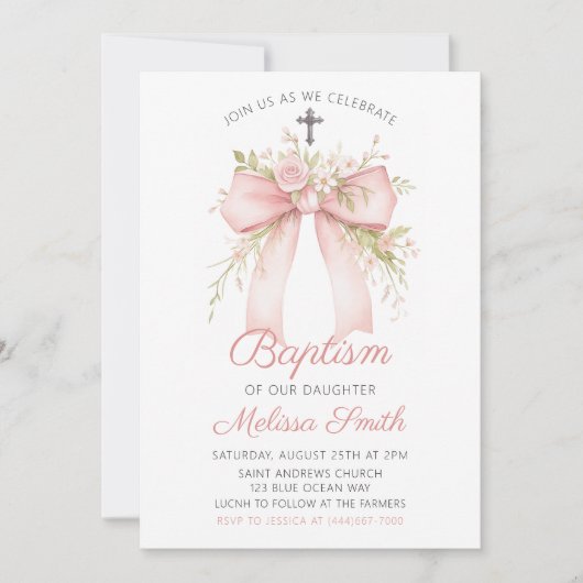 Floral Pink Bow Baptism Invitation 招待状 (正面)