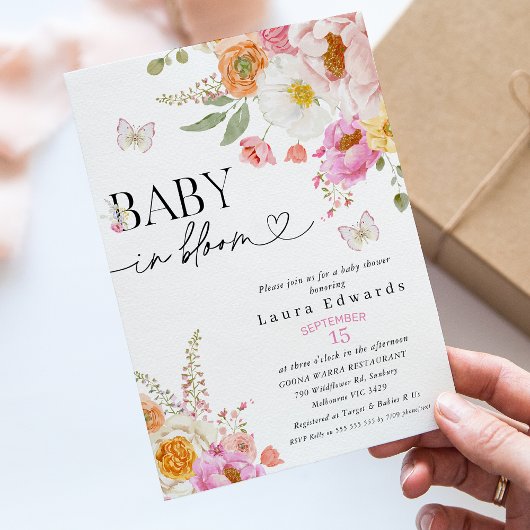 Floral Pink Butterflies Baby In Bloom Baby Shower 招待状