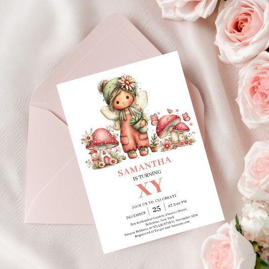 Floral Pink Fairy 8th Birthday Blush Invite Card 招待状